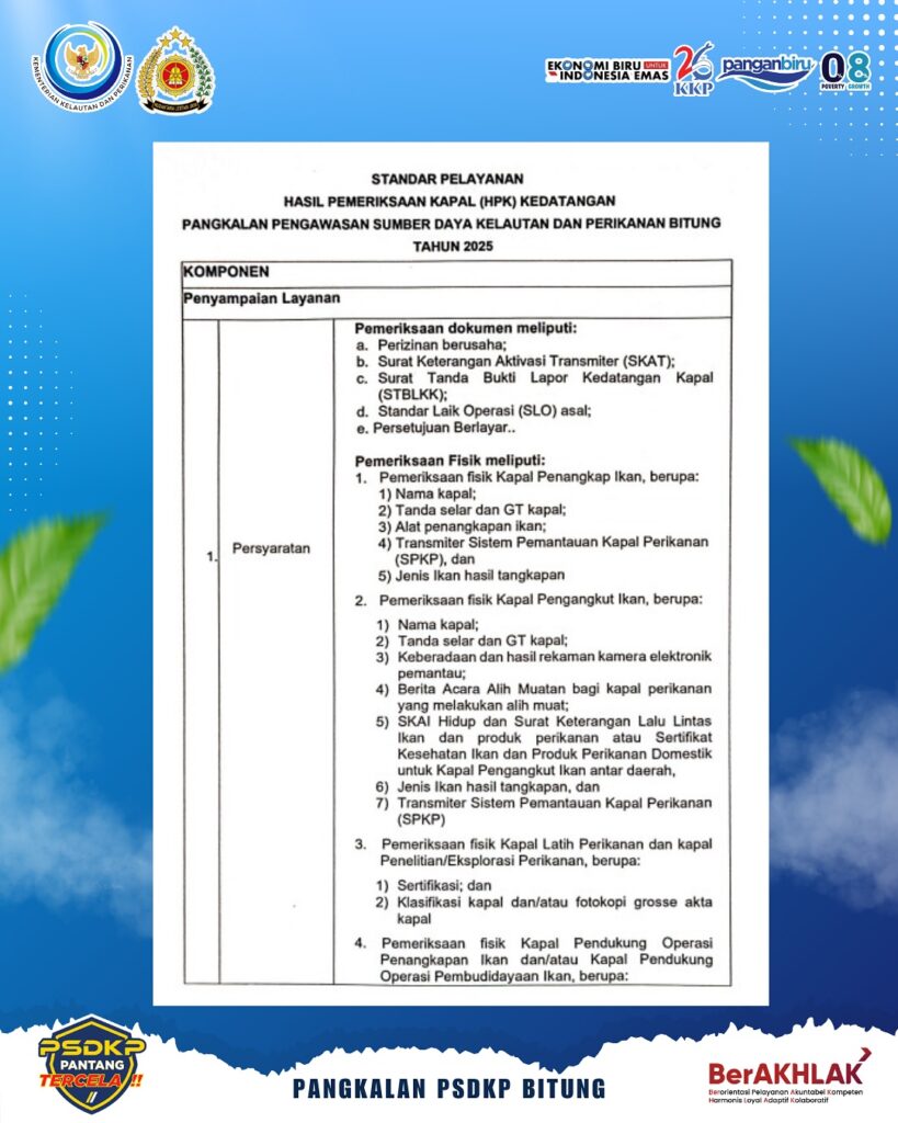 Standar Pelayanan Hasil Pemeriksaan Kapal (HPK) Kedatangan